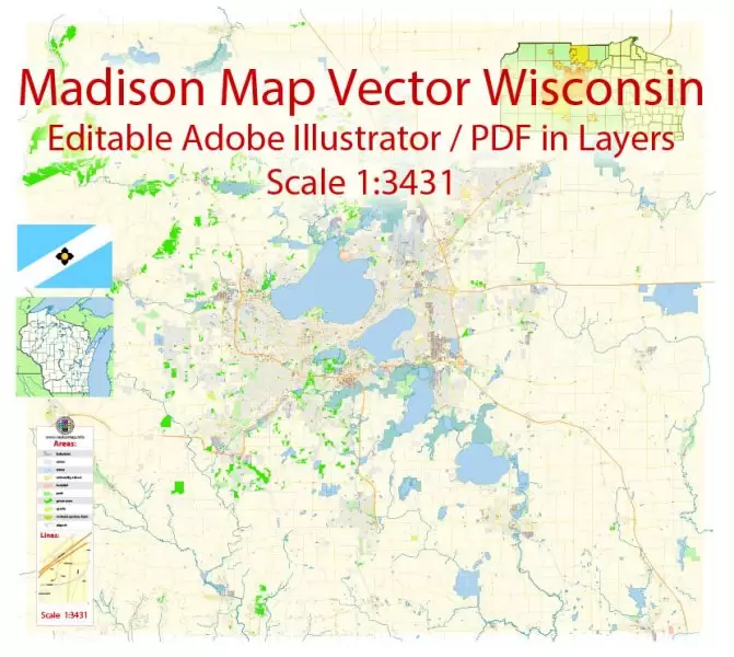 Madison Wisconsin Map Vector Exact City Plan detailed Street Map Adobe Illustrator in layers