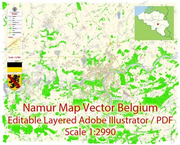 Namur Map Vector Belgium City Plan detailed Street Map Adobe Illustrator in layers