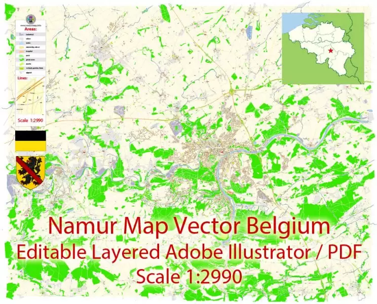 Namur Map Vector Belgium City Plan detailed Street Map Adobe Illustrator in layers