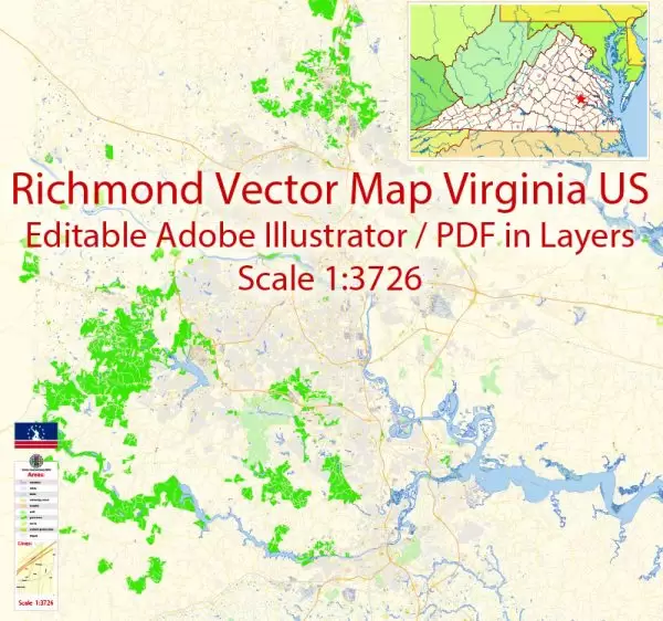 Richmond Virginia Map Vector Exact City Plan detailed Street Map Adobe Illustrator in layers