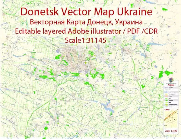 Донецк векторная карта города Donetsk Ukraine подробная редактируемая в слоях Adobe Illustrator