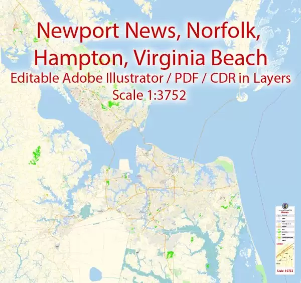 Printable Vector Map of Newport News + Norfolk + Chesapeak + Suffolk + Virginia Beach + Hampton Virginia US detailed City Plan scale 1:3752 full editable Adobe Illustrator Street Map in layers