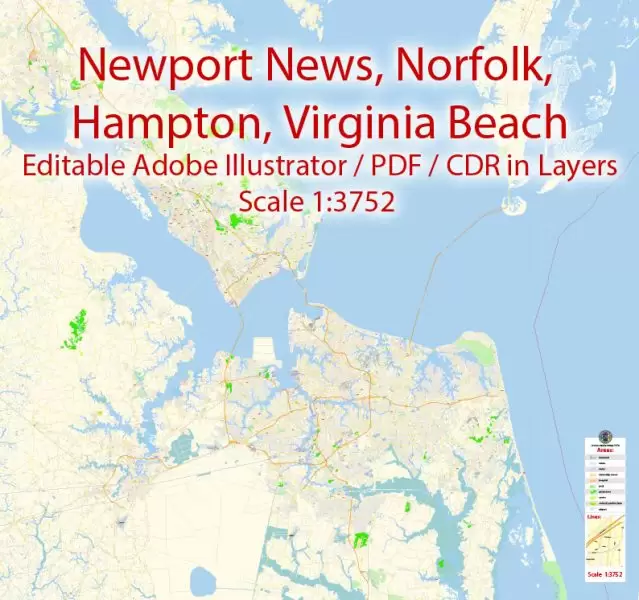 Printable Vector Map of Newport News + Norfolk + Chesapeak + Suffolk + Virginia Beach + Hampton Virginia US detailed City Plan scale 1:3752 full editable Adobe Illustrator Street Map in layers