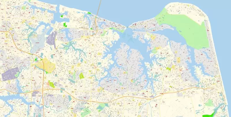 Printable Vector Map of Newport News + Norfolk + Chesapeak + Suffolk + Virginia Beach + Hampton Virginia US detailed City Plan scale 1:3752 full editable Adobe Illustrator Street Map in layers