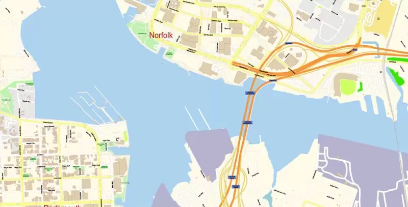 Printable Vector Map of Newport News + Norfolk + Chesapeak + Suffolk + Virginia Beach + Hampton Virginia US detailed City Plan scale 1:3752 full editable Adobe Illustrator Street Map in layers
