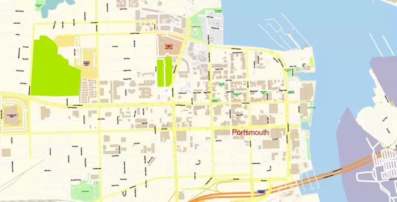 Printable Vector Map of Newport News + Norfolk + Chesapeak + Suffolk + Virginia Beach + Hampton Virginia US detailed City Plan scale 1:3752 full editable Adobe Illustrator Street Map in layers