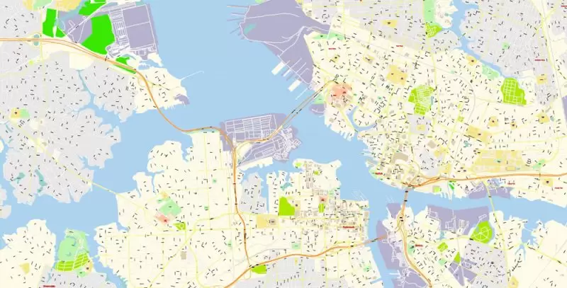 Printable Vector Map of Newport News + Norfolk + Chesapeak + Suffolk + Virginia Beach + Hampton Virginia US detailed City Plan scale 1:3752 full editable Adobe Illustrator Street Map in layers