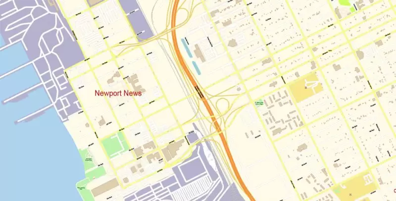 Printable Vector Map of Newport News + Norfolk + Chesapeak + Suffolk + Virginia Beach + Hampton Virginia US detailed City Plan scale 1:3752 full editable Adobe Illustrator Street Map in layers