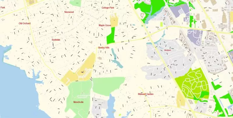 Printable Vector Map of Newport News + Norfolk + Chesapeak + Suffolk + Virginia Beach + Hampton Virginia US detailed City Plan scale 1:3752 full editable Adobe Illustrator Street Map in layers
