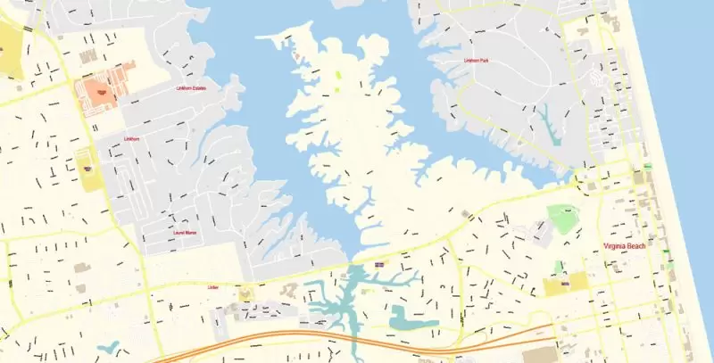 Printable Vector Map of Newport News + Norfolk + Chesapeak + Suffolk + Virginia Beach + Hampton Virginia US detailed City Plan scale 1:3752 full editable Adobe Illustrator Street Map in layers