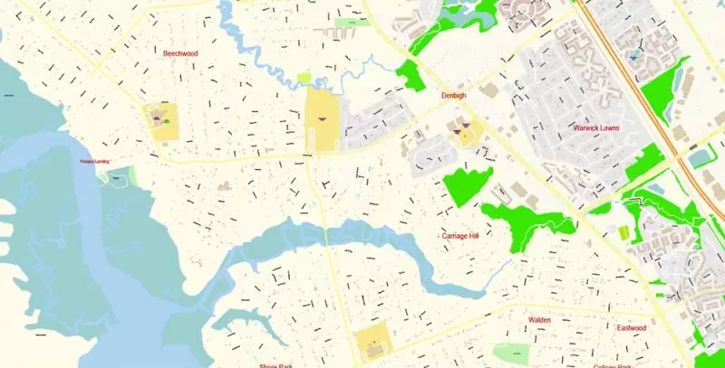Printable Vector Map of Newport News + Norfolk + Chesapeak + Suffolk + Virginia Beach + Hampton Virginia US detailed City Plan scale 1:3752 full editable Adobe Illustrator Street Map in layers
