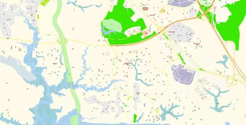 Printable Vector Map of Newport News + Norfolk + Chesapeak + Suffolk + Virginia Beach + Hampton Virginia US detailed City Plan scale 1:3752 full editable Adobe Illustrator Street Map in layers
