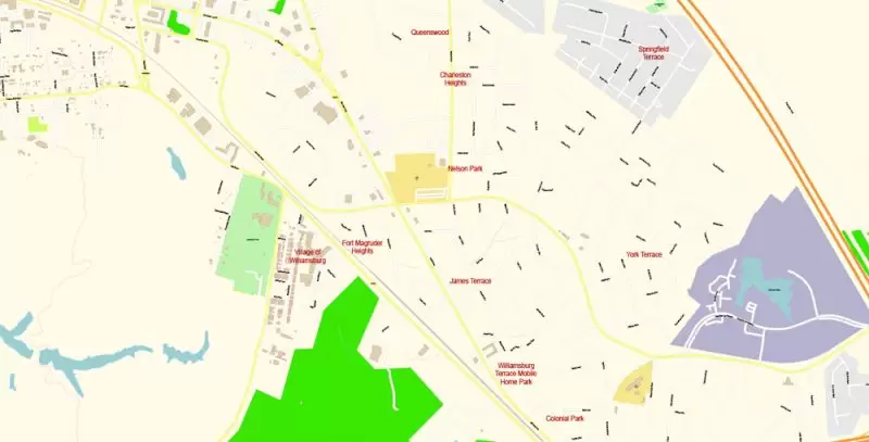 Printable Vector Map of Newport News + Norfolk + Chesapeak + Suffolk + Virginia Beach + Hampton Virginia US detailed City Plan scale 1:3752 full editable Adobe Illustrator Street Map in layers