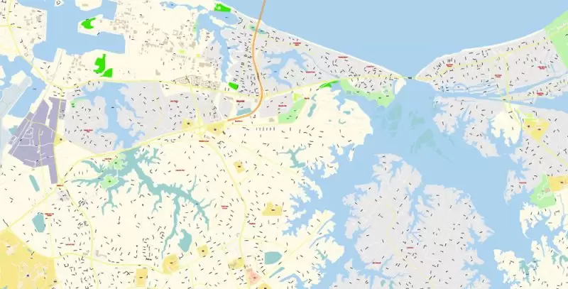 Printable Vector Map of Newport News + Norfolk + Chesapeak + Suffolk + Virginia Beach + Hampton Virginia US detailed City Plan scale 1:3752 full editable Adobe Illustrator Street Map in layers