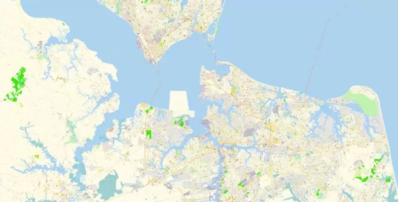 Printable Vector Map of Newport News + Norfolk + Chesapeak + Suffolk + Virginia Beach + Hampton Virginia US detailed City Plan scale 1:3752 full editable Adobe Illustrator Street Map in layers