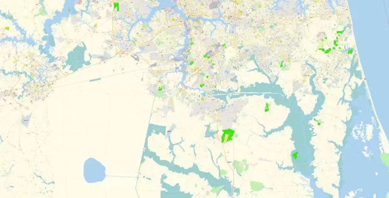 Newport News + Norfolk + Virginia Beach + Hampton Map Vector Exact City Plan detailed Street Map Adobe Illustrator in layers