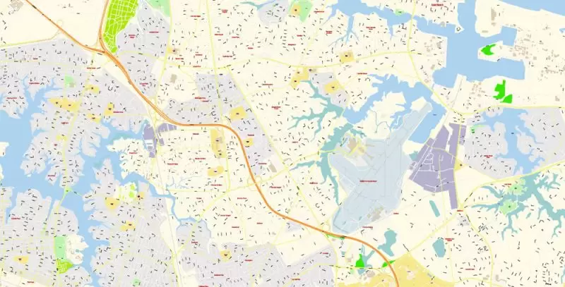 Printable Vector Map of Newport News + Norfolk + Chesapeak + Suffolk + Virginia Beach + Hampton Virginia US detailed City Plan scale 1:3752 full editable Adobe Illustrator Street Map in layers