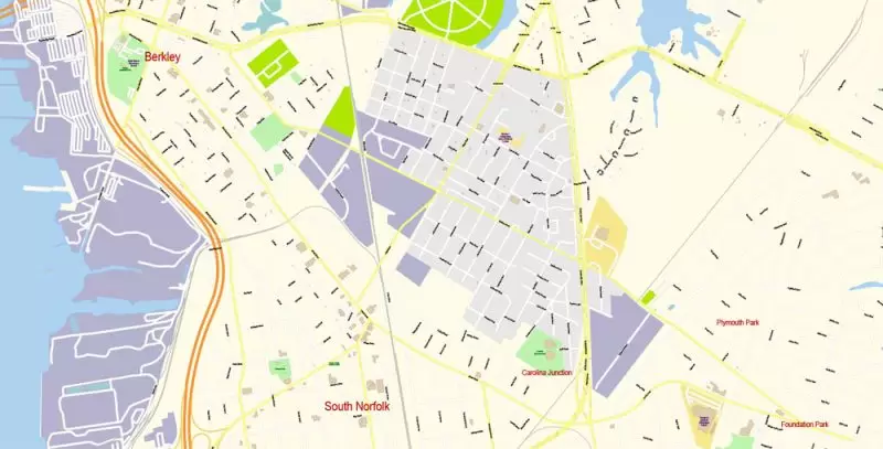 Printable Vector Map of Newport News + Norfolk + Chesapeak + Suffolk + Virginia Beach + Hampton Virginia US detailed City Plan scale 1:3752 full editable Adobe Illustrator Street Map in layers