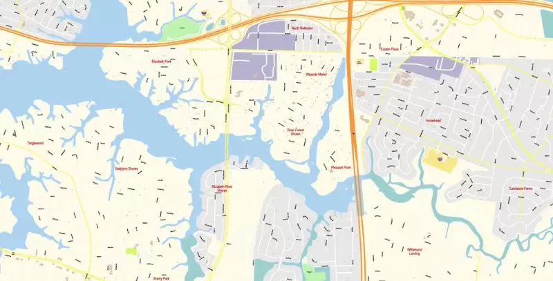 Printable Vector Map of Newport News + Norfolk + Chesapeak + Suffolk + Virginia Beach + Hampton Virginia US detailed City Plan scale 1:3752 full editable Adobe Illustrator Street Map in layers