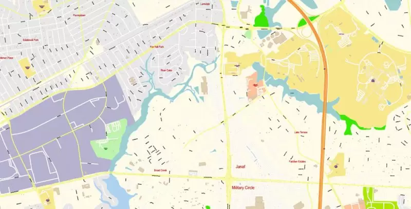 Printable Vector Map of Newport News + Norfolk + Chesapeak + Suffolk + Virginia Beach + Hampton Virginia US detailed City Plan scale 1:3752 full editable Adobe Illustrator Street Map in layers