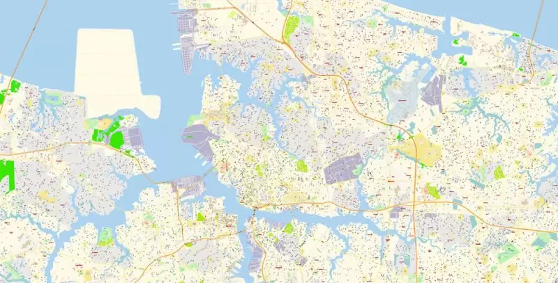Printable Vector Map of Newport News + Norfolk + Chesapeak + Suffolk + Virginia Beach + Hampton Virginia US detailed City Plan scale 1:3752 full editable Adobe Illustrator Street Map in layers