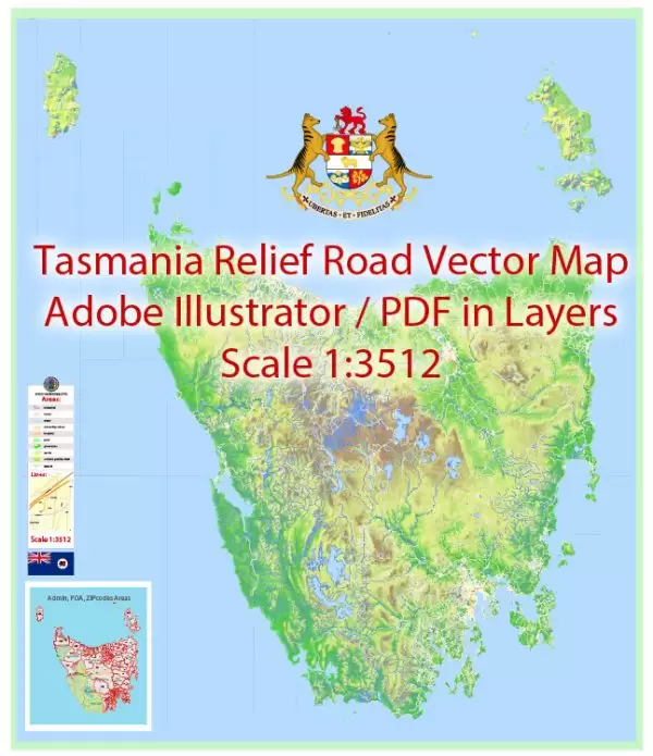 Tasmania full road relief Map Vector Exact Island Plan detailed Street Map Adobe Illustrator in layers