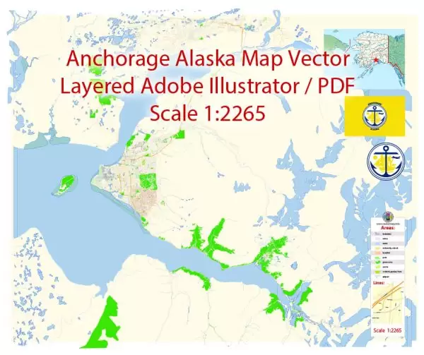 Anchorage Map Vector Alaska Exact City Plan detailed Street Map editable Adobe Illustrator in layers