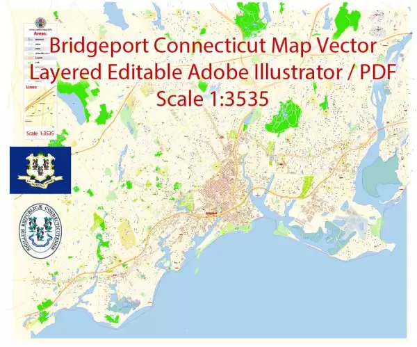 Bridgeport Map Vector Connecticut Exact City Plan detailed Street Map editable Adobe Illustrator in layers