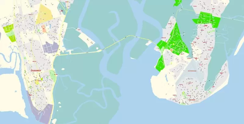 Brunswick + St. Simons Island PDF Map Vector Exact City Plan Georgia US detailed Street Map editable Adobe PDF in layers
