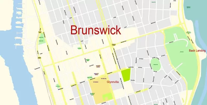 Brunswick + St. Simons Island PDF Map Vector Exact City Plan Georgia US detailed Street Map editable Adobe PDF in layers