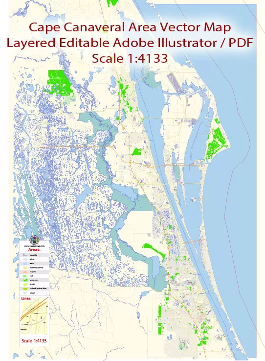 Cape Canaveral Map Vector Exact City Plan Florida detailed Street Map editable Adobe Illustrator in layers
