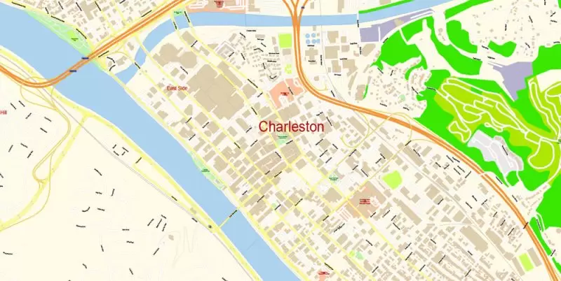 Charleston Map Vector Exact City Plan West Virginia detailed Street Map editable Adobe Illustrator in layers