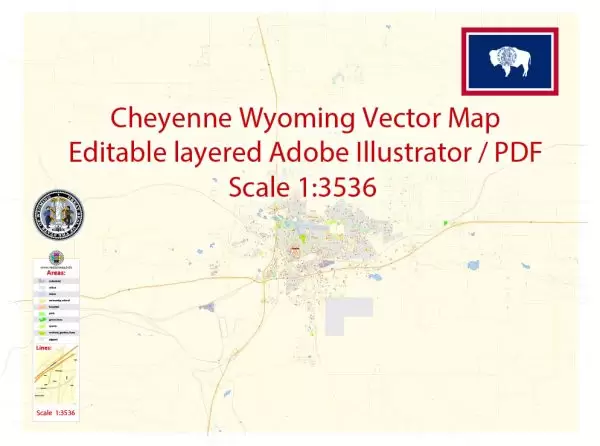 Cheyenne Map Vector Exact City Plan Wyoming US detailed Street Map editable Adobe Illustrator in layers