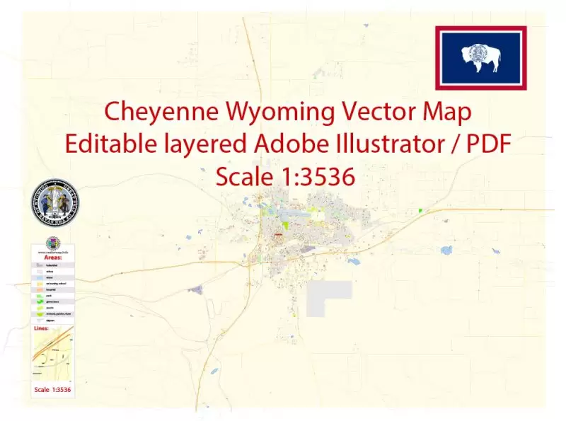 Cheyenne PDF Map Vector Exact City Plan Wyoming detailed Street Map editable Adobe PDF in layers