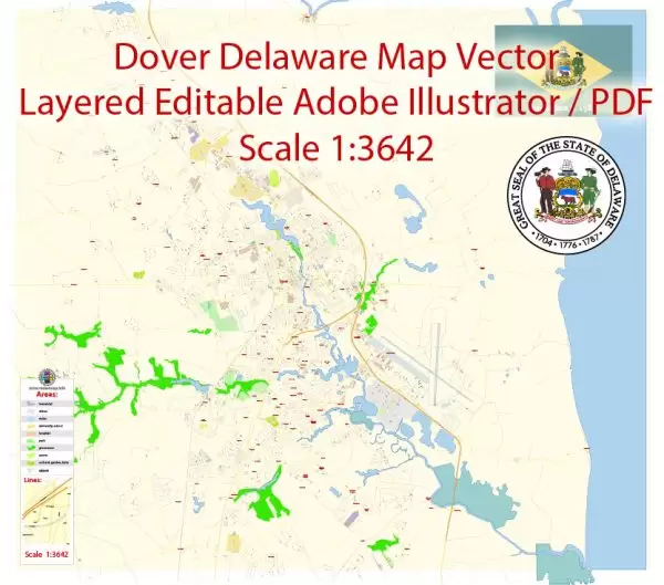 Dover Map Vector Delaware Exact City Plan detailed Street Map editable Adobe Illustrator in layers