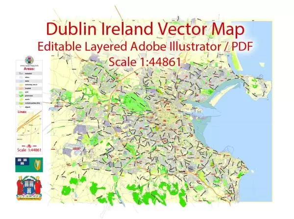 Dublin Map Vector Ireland Exact City Plan Low detailed Street Map editable Adobe Illustrator in layers