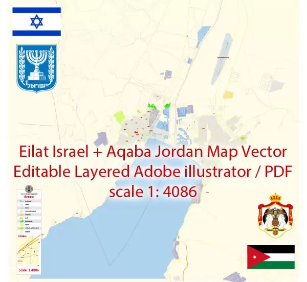 Eilat Israel + Aqaba Jordan Map Vector Exact City Plan detailed Street Map editable Adobe Illustrator in layers