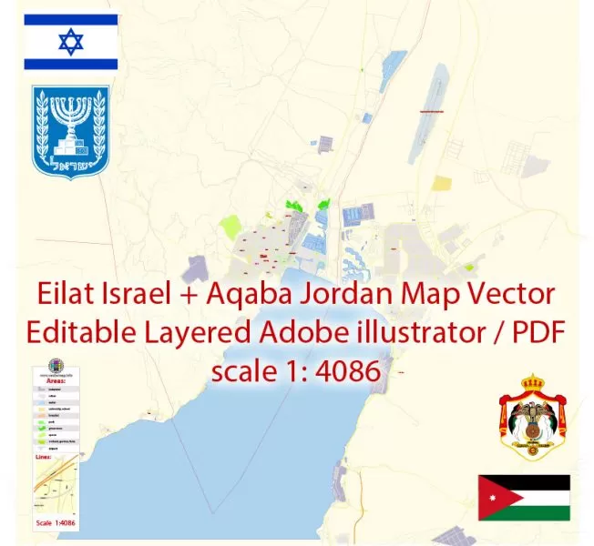 Eilat Israel + Aqaba Jordan Map Vector Exact City Plan detailed Street Map editable Adobe Illustrator in layers