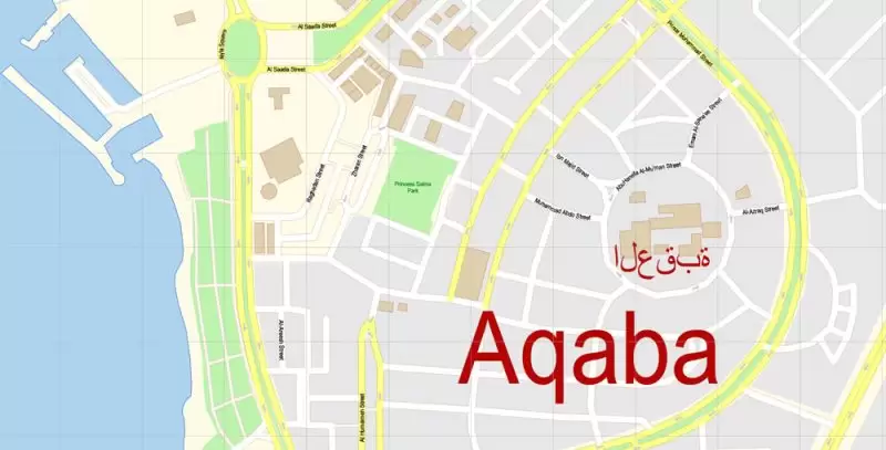 Eilat Israel + Aqaba Jordan Map Vector Exact City Plan detailed Street Map editable Adobe Illustrator in layers