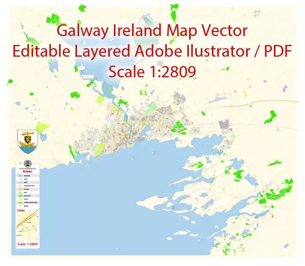 Galway Map Vector Ireland Exact City Plan detailed Street Map editable Adobe Illustrator in layers