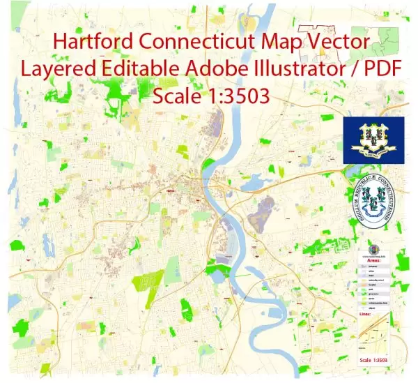 Hartford Map Vector Connecticut Exact City Plan detailed Street Map editable Adobe Illustrator in layers