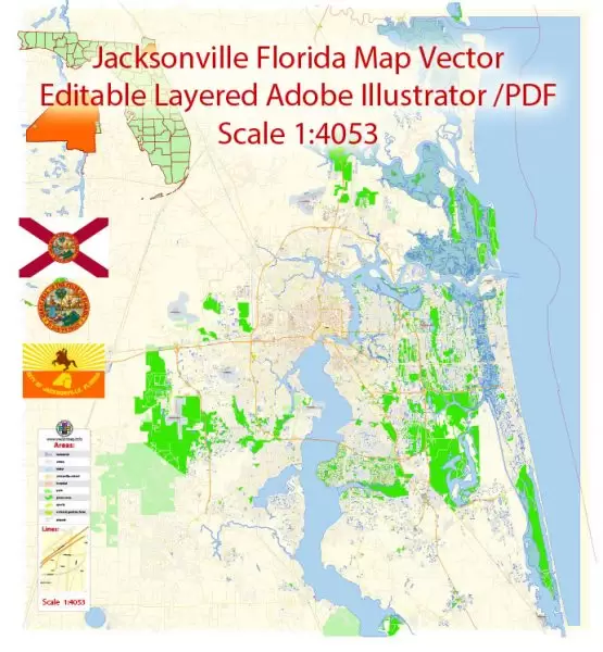 Jacksonville Map Vector Florida Exact City Plan detailed Street Map editable Adobe Illustrator in layers