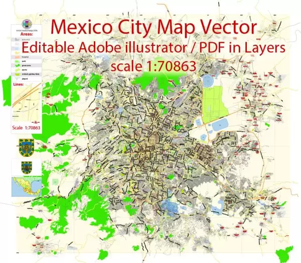 Mexico City Map Vector Exact City Plan Low detailed Street Map editable Adobe Illustrator in layers