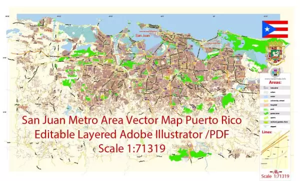 San Juan Metro Area Map Vector Exact City Plan Puerto Rico low detailed Street Map editable Adobe Illustrator in layers