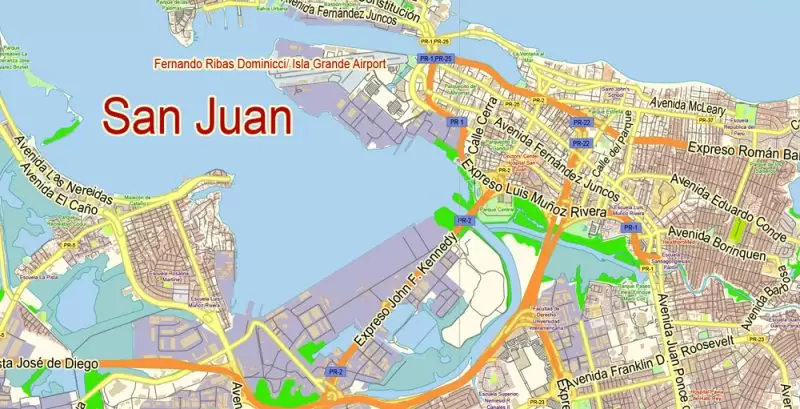 San Juan Metro Area Map Vector Exact City Plan Puerto Rico low detailed Street Map editable Adobe Illustrator in layers