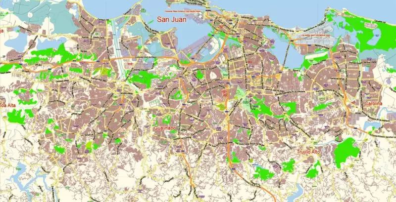 San Juan Metro Area Map Vector Exact City Plan Puerto Rico low detailed Street Map editable Adobe Illustrator in layers