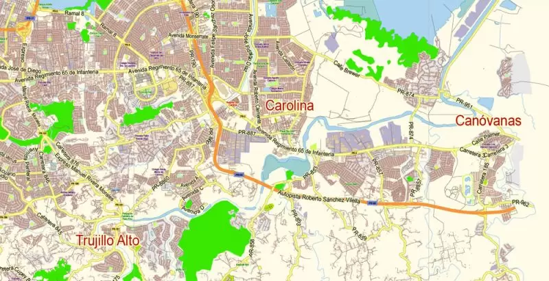 San Juan Metro Area Map Vector Exact City Plan Puerto Rico low detailed Street Map editable Adobe Illustrator in layers