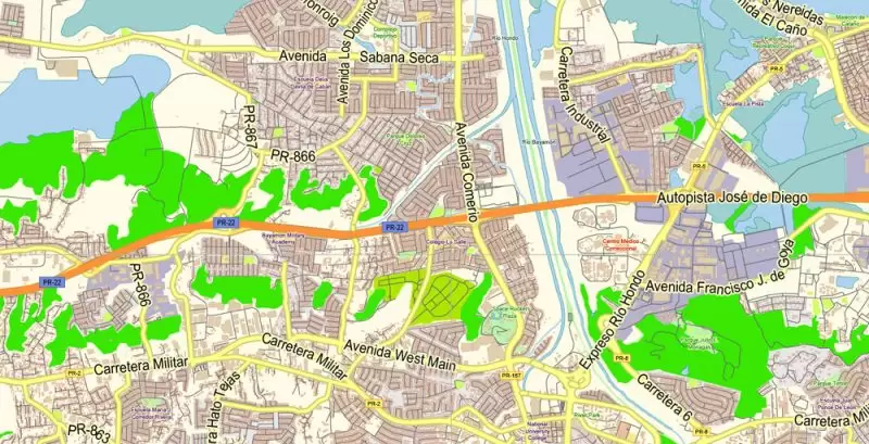 San Juan Metro Area Map Vector Exact City Plan Puerto Rico low detailed Street Map editable Adobe Illustrator in layers