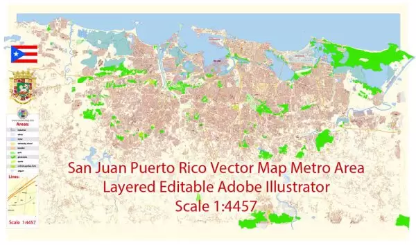 San Juan Metro Area Map Vector Exact City Plan Puerto Rico detailed Street Map editable Adobe Illustrator in layers