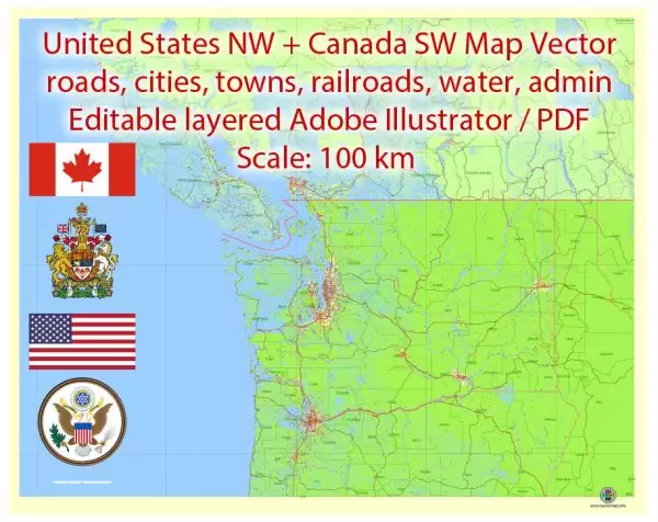 US NW part + Canada SW part Map Vector Exact Road Admin detailed Map editable Adobe Illustrator in layers